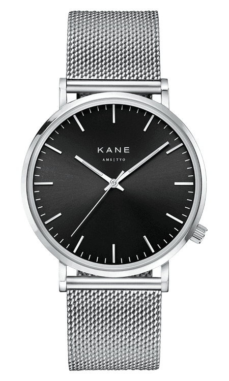 BLKCDE-MSHSLV_front_KANE_Mens_Minimal_Watches_Black_Code_Mesh_Silver_Stainless_Steel_Strap_530x