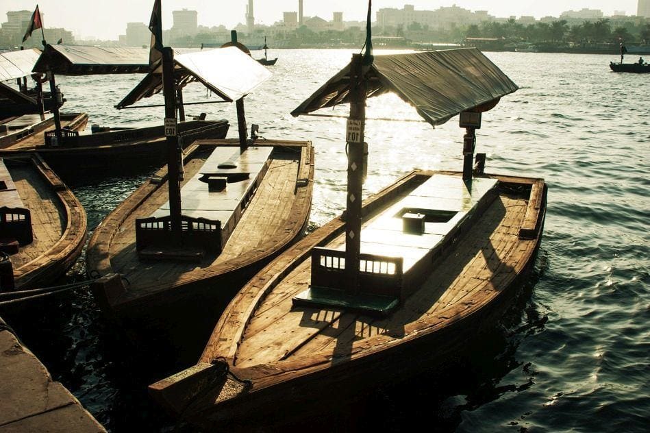 Traditional Abra ferries at the creek in Dubai, United Arab Emirates