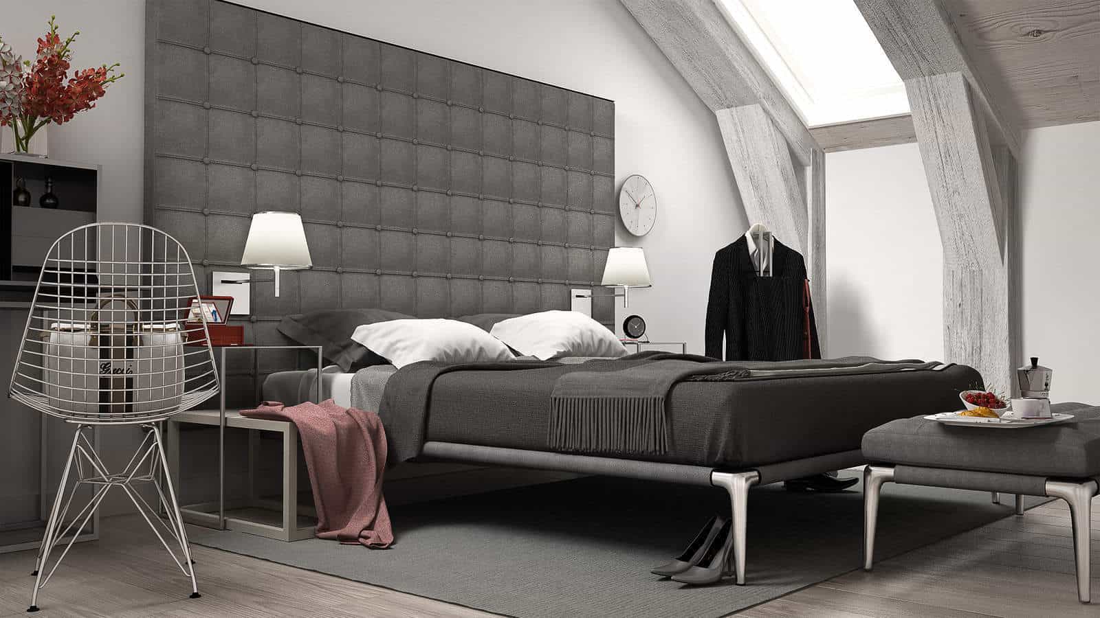 Loft minimal bedroom, interiour design. 3d illustration