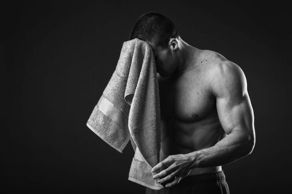 Healthy muscular young man after a workout on dark background.
